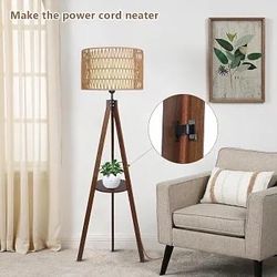 Tripod Wood Floor Lamp with Rattan Shade and Shelf