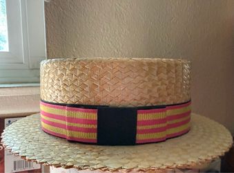 Straw Boater Hat with Striped Band