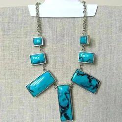 Light Blue Square Acrylic Bead Geometric Necklace In Silver Plating -  New 