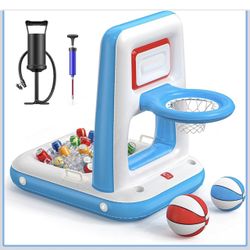 QPAU Pool Basketball Hoop with Built-in Cooler, 42" Poolside & Floating Inflatable Basketball Hoop for Family Pool Party — Swimming Pool Games for Kid