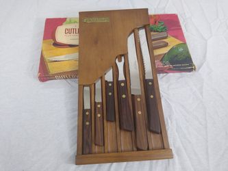 6 piece Knife Set Wood Wall Mount Holder Fleetwood Washington Forge Forgecraft