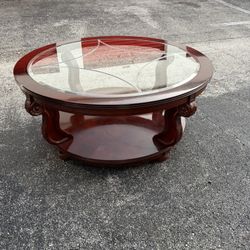 Large Cherry Wood and Etched Glass Coffee Table