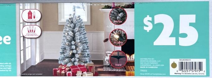 3.5-foot artificial green flocked Christmas tree.