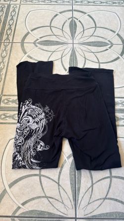 Y2K McBling Gothic Cross & Wing Rhinestone Fold-Over Flare Pants.