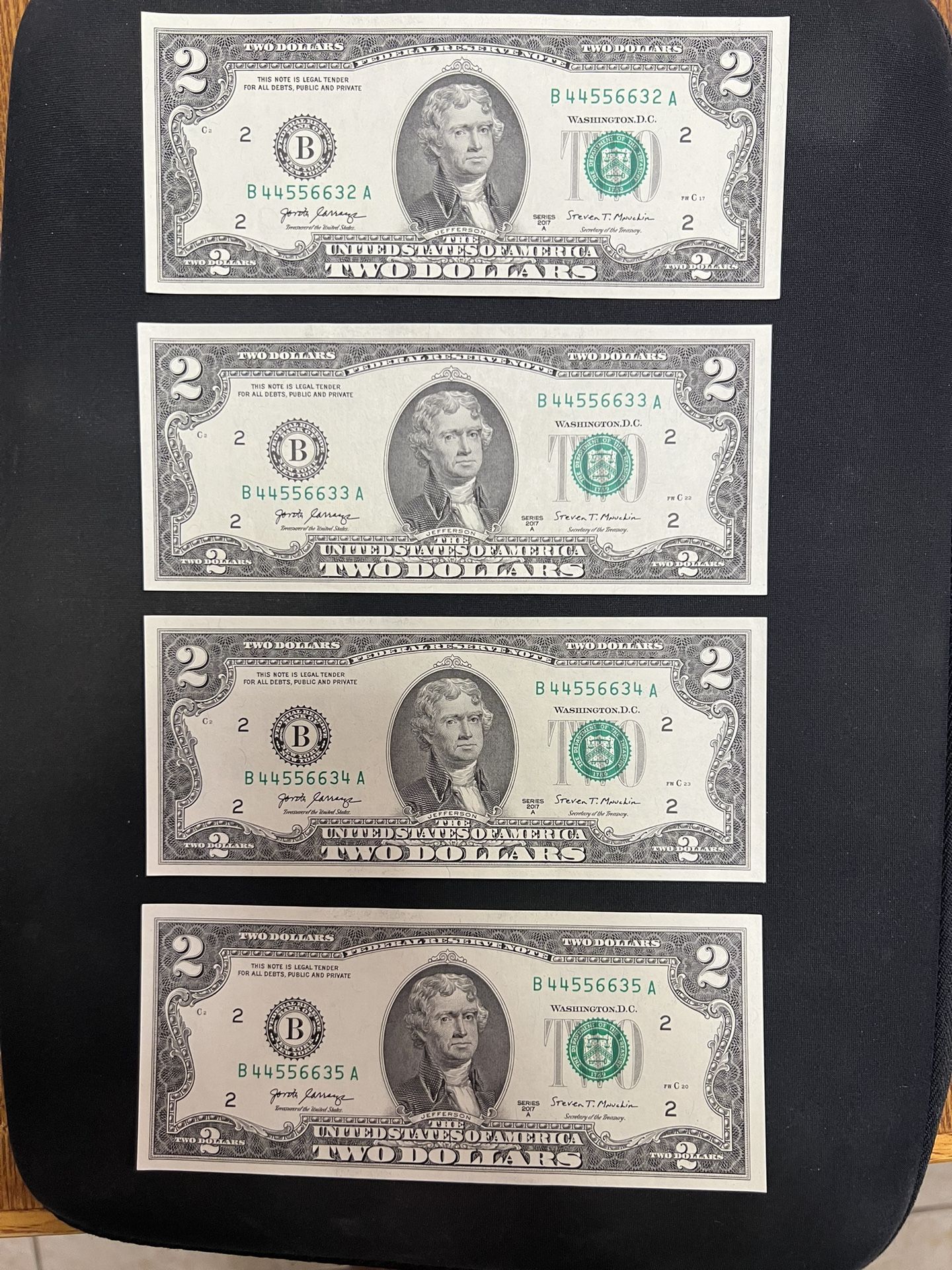 Four Consecutive $2 bills USD Thomas Jefferson 2017 Series Uncirculated