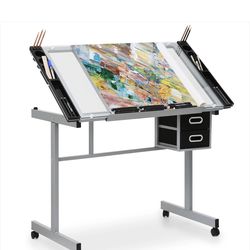 Drafting Table - 41" Crystal desktop with grey frame, 2 black drawers, rolling casters