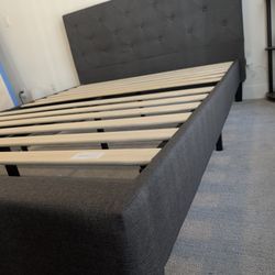 Zinus Shalini Upholstered Platform Bed Frame, Wood Slat Support, Queen Size, Dark Grey