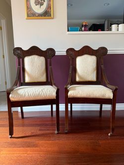 Pair of Antique Wooden Armchairs with Upholstered Seats