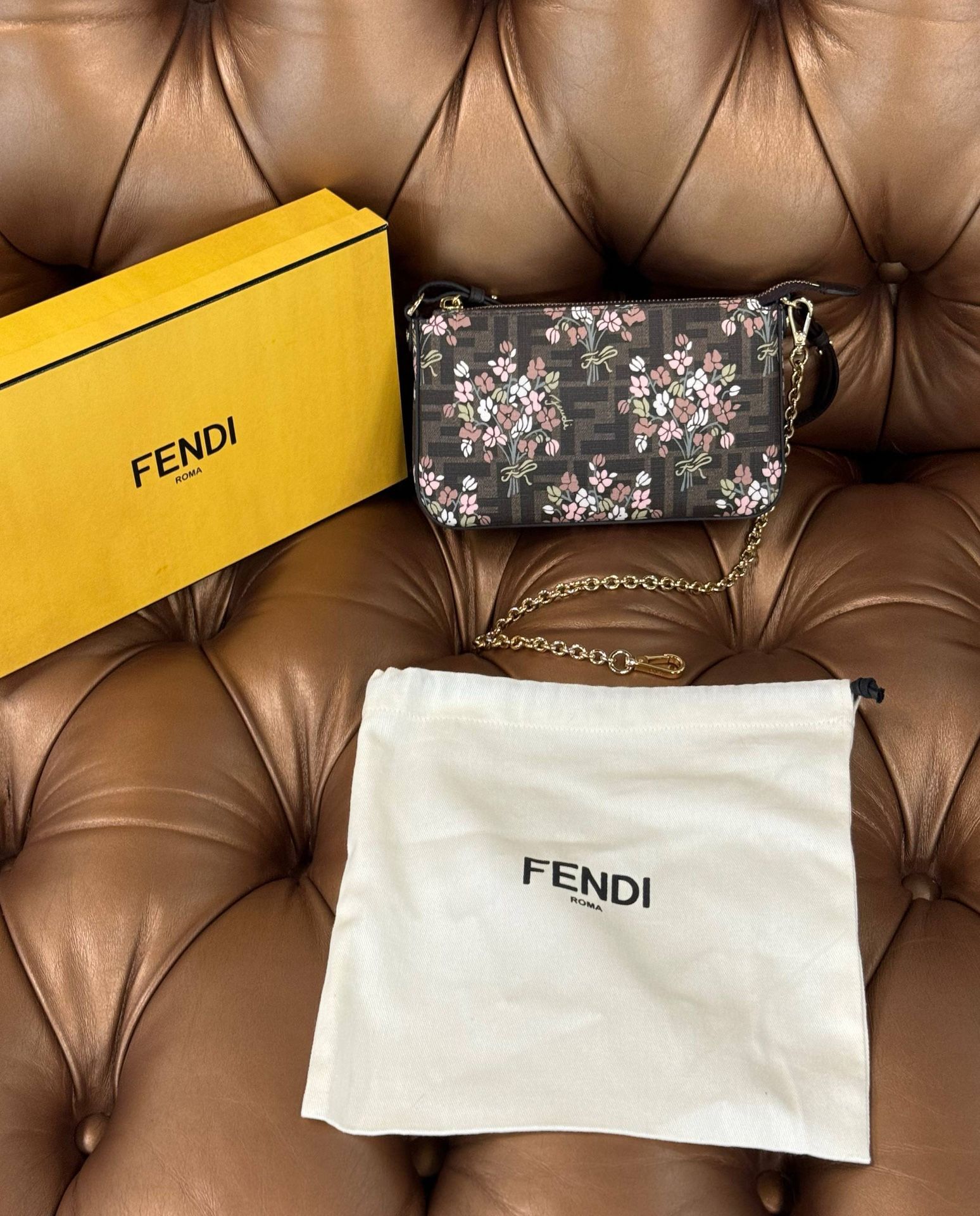 Fendi Flower Bouquet Brown FF Fabric Pouch With Chain And Strap Box Dust Bag Clean