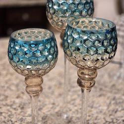 Set Of 3 Candle Holders Blue And Gold