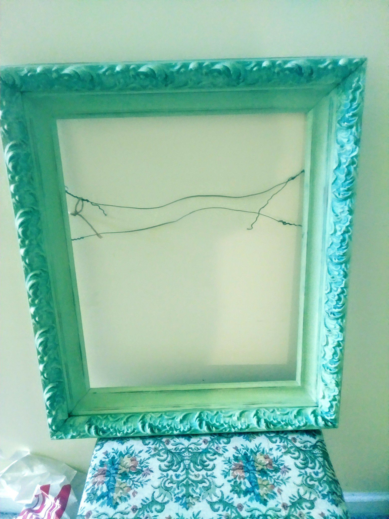 Shabby chic picture frame and wooden stool