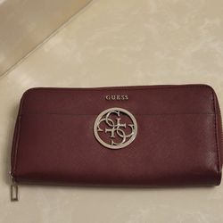Guess Burgundy and Silver Zippered Wallet 