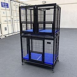 (NEW) $310 Stacking Dog Crate 37”x25”x64” Heavy-Duty Cage Folding Kennel w/ Plastic Tray (Set of 2)