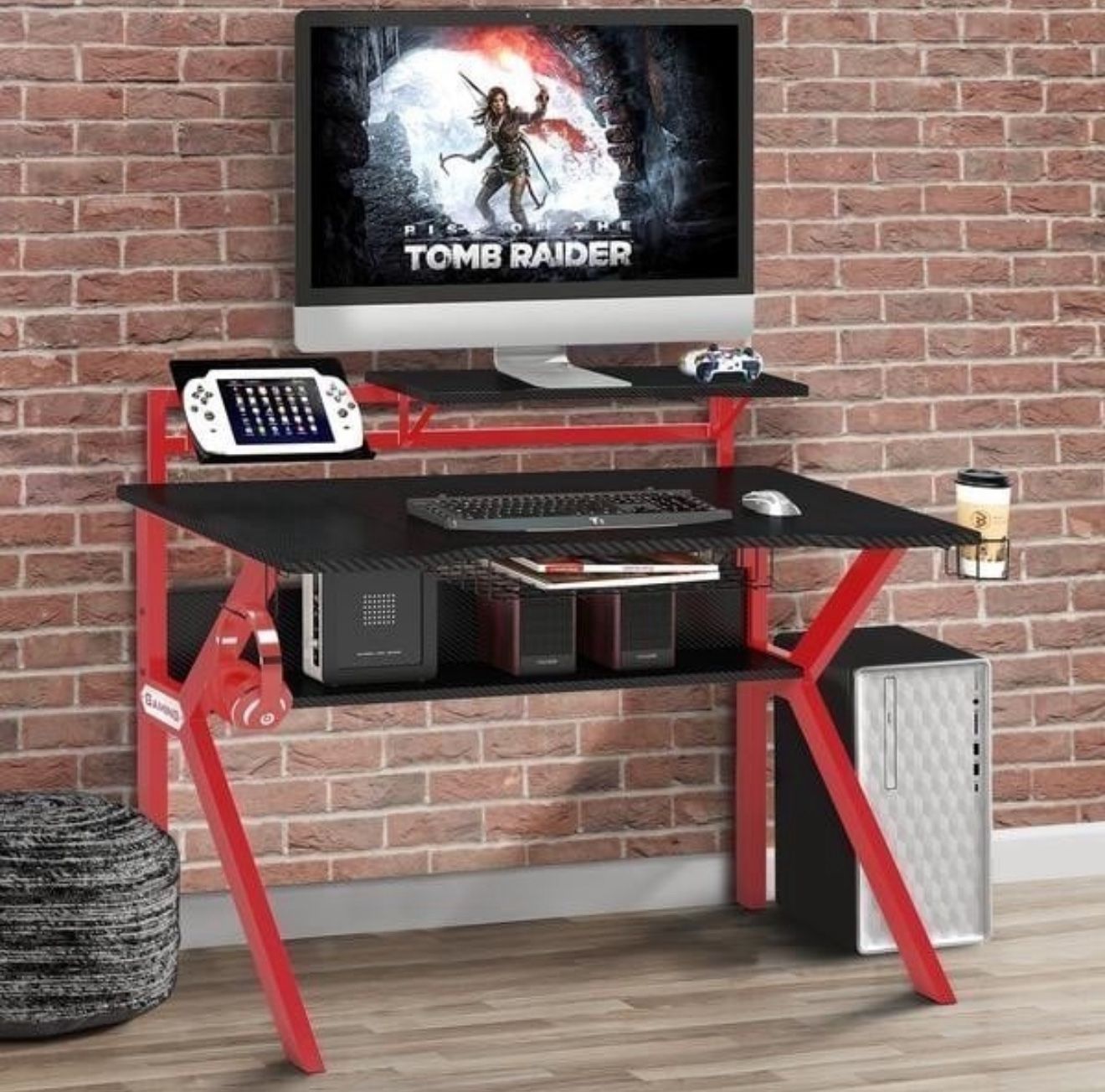 NEW – The Urban Port UPT-215118 Gaming Desk, Black & Red, Metal Frame, Dual Shelves, 47″ Wide