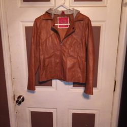 Mark Down To $20 Collection B Brown Leather Jacket Witwh Hoodie Built In.  Size Girls L(14/16)