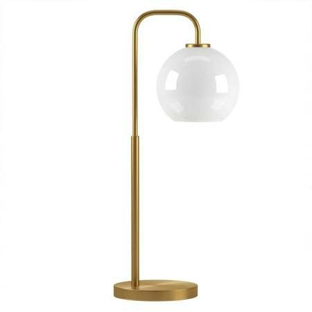 Harrison 27 in. Brass Arc Table Lamp with White Milk Glass Shade