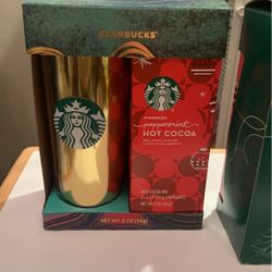 Starbucks Holiday Gift Set with Gold Tumbler and Peppermint Hot Cocoa 