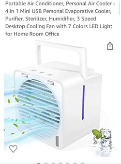 Portable Air Conditioner, Personal Air Cooler - 4 in 1 Mini USB Personal Evaporative Cooler, Purifier, Sterilizer, Humidifier, 3 Speed Desktop Coolin