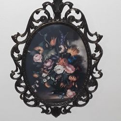 Vintage Italian Print Framed In Oval Cameo Filigree Ornate Italian Brass Rococo Style.