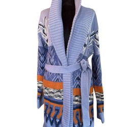 Lucky Brand Cardigan Sweater Women’s Small S Blue Aztec Shawl Collar Open Front  This Lucky Brand cardigan sweater is a versatile addition to any ward