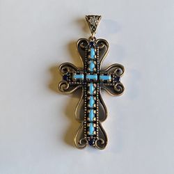 Rare Turquoise Cross Pendant 18k Gold / 925 Sterling Silver Vintage Piece