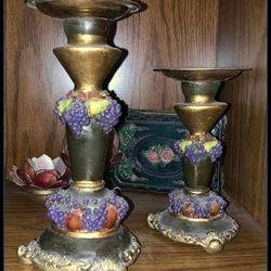 X2 VINTAGE ORNATE GRAPE VINE GRAPEVINE FLORENTINE TUSCAN TUSCANY CANDLE PILLER DISPLAY CANDLE HOLDER DECOR SET