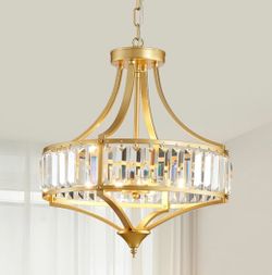 New 15.7”Gold Chandelier Round Crystal 4 Lights Rustic Pendant w Metal Lampshade Adjustable Dimmable