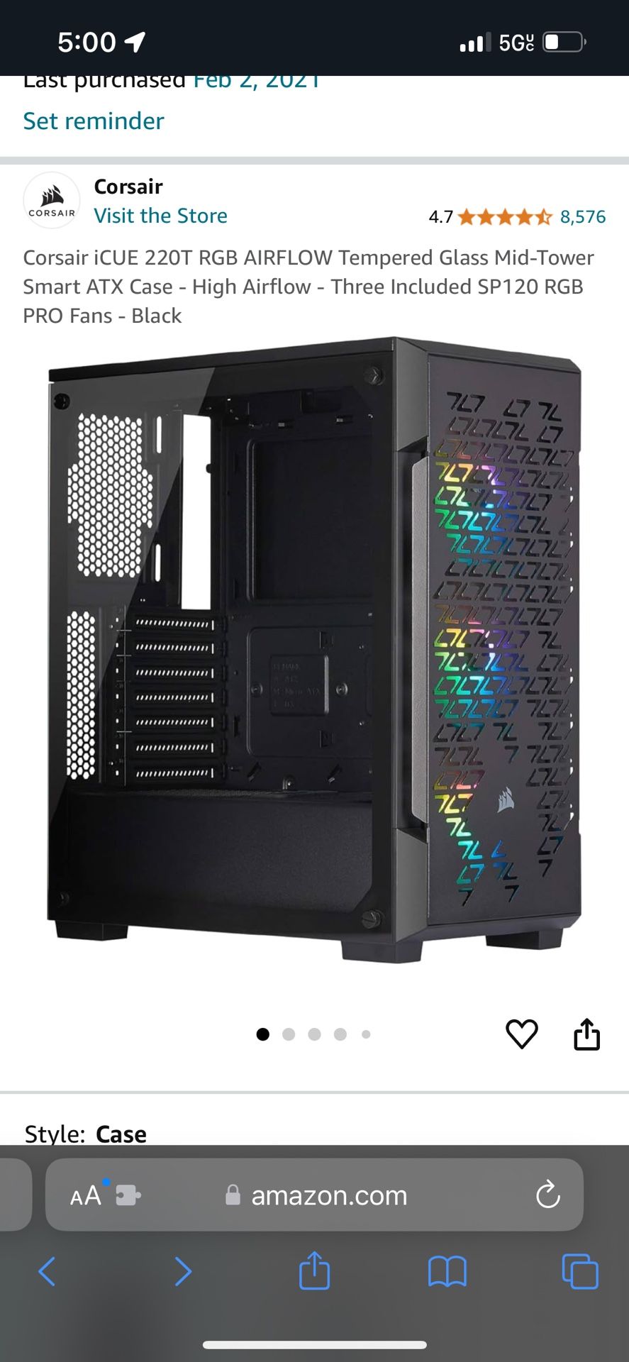 Corsair iCUE 220T RGB AIRFLOW Tempered Glass Mid-Tower Smart ATX Case - High Airflow