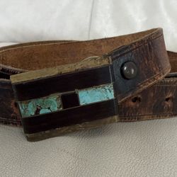 Vintage Brown Leather Belt with Turquoise Accents