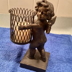 Vtg. Iron Angel Votive Candle Holder 7.5” Tall Decorative Cherub Bronze Finish