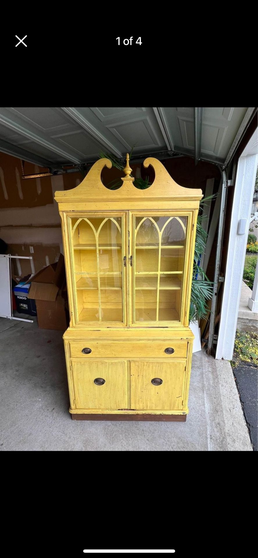 Distressed yellow hutch/ China cabinet. Solid wood!