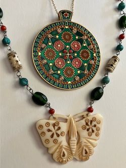 2 x Necklace Lot - Beaded Carved Butterfly + Rhinestone Medallion - Boho Jewelry