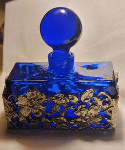 Cobalt Blue Glass Perfume Bottle with Metal Floral Overlay