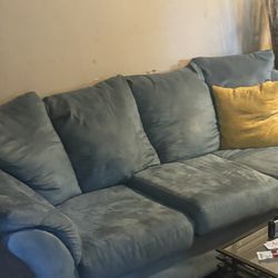 Couch set with end tables and rug and lamps! 