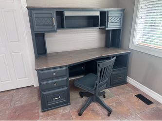 Beautiful dark blue/gray wood desk & hutch