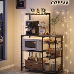 Baker's Rack, Microwave Stand, Kitchen Storage Rack with Wire Basket, 6 Hooks, and Shelves, for Spices, Pots, and Pans, Charcoal Gray and Ink Black UK