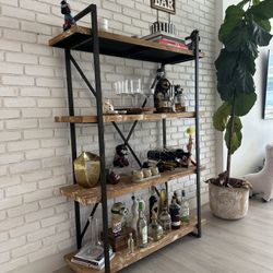 Industrial 4-Tier Bar Cabinet – Distressed Wood Shelves, Black Metal Frame 