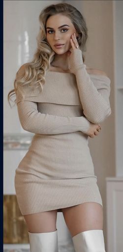 Off Shoulder Cream Ribbed Knit Sweater Dress New Tags Medium