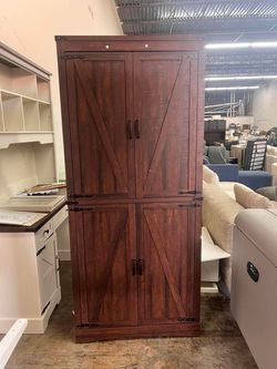 71" Farmhouse Tall Kitchen Pantry, 5 Layers Storage Cabinet with Adjustable Shelves, Farmhouse Pantry Cabinet with 4 Barn Doors Rustic Brown