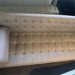 Taupe / Grey Tufted Couch with Arm Bolster Pillows - MID- CENTURY Style