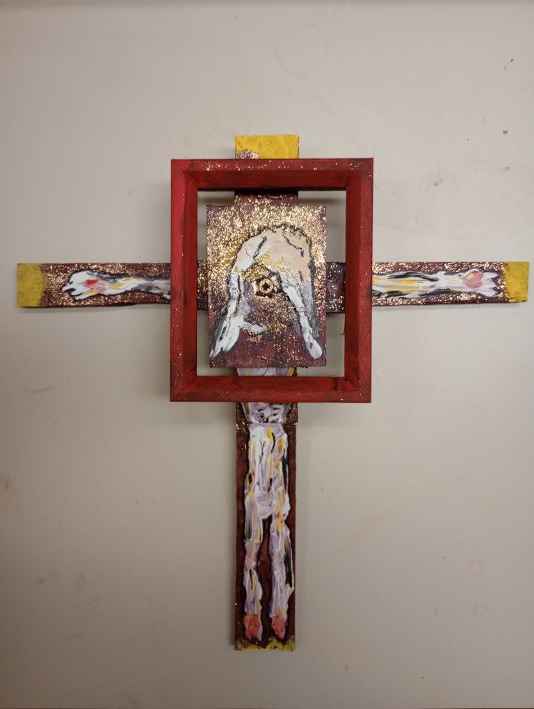 Crucifixion Jesus Assemblage Folk Art *40.00* Acrylic on Wood 14.5" x 14.5" Artwork