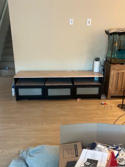 Title: 70” Modern TV Stand / Entertainment Center - Black & Wood Finish