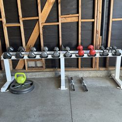 Home Gym Bundle Dumbbell Weight Rack, Dumbbells, 45 lb Plates + Loadable Dumbells