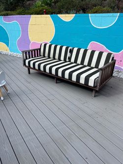 Outdoor Teak Wood Frame Sofa with Striped Cushions