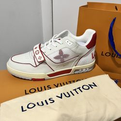 Brand New Louis Vuitton RED/White Velcro strap Mono Trainer