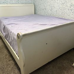 Sleigh Bed Frame White with mattress and box spring with dresser 