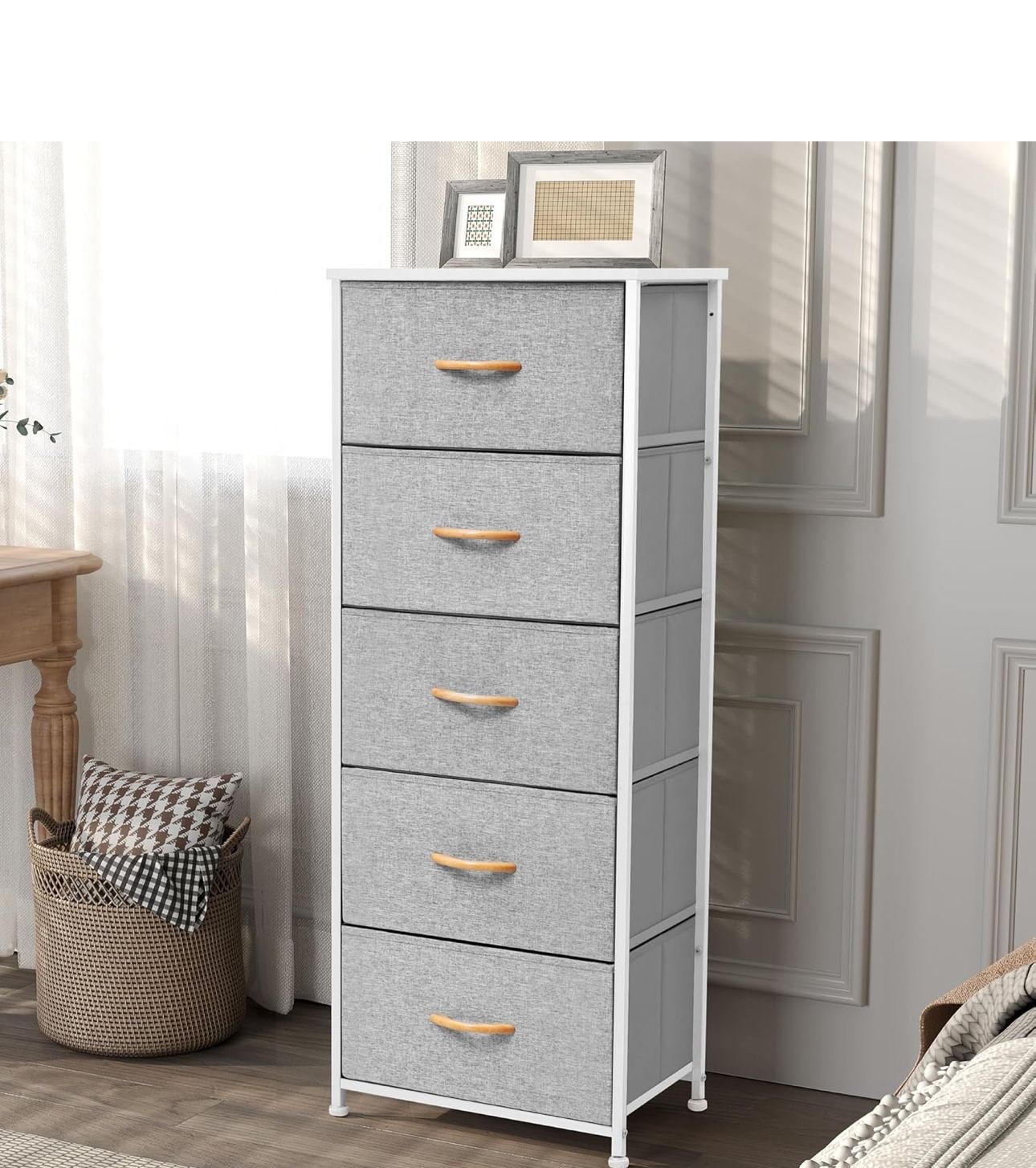 Vertical Dresser Storage Tower - Sturdy Steel Frame, Wood Top, Easy Pull Fabric Bins - Wide Organizer Unit for Bedroom, Entryway, Closets - 5 Drawers,