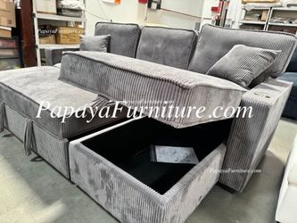 NEW L Shape Sectional Sofa with Storage Chaise Dark Grey Fabric Pullout Sleeper Bed USB Cup Holder Discount Furniture Ashley Style Clearance SALE