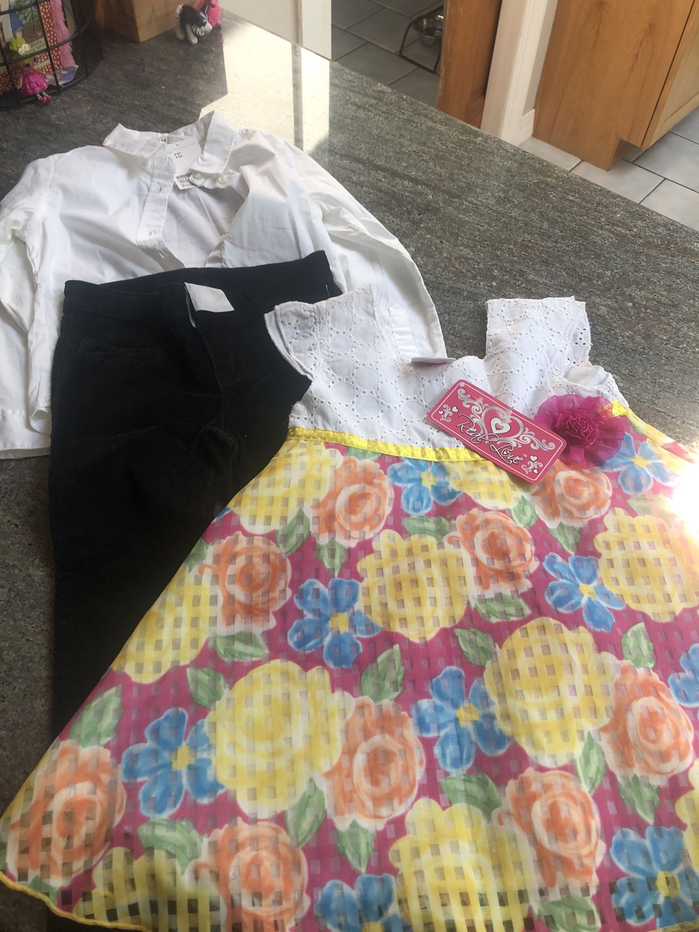 Girl Toddler 4 T Lot , Easter/ Spring Dress , Gap Pants And White H&M Button Down Shirt.