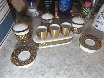 Extremely Rare Porcelean White w/Gold Trim 9-Piece Antique Spice Canister Set